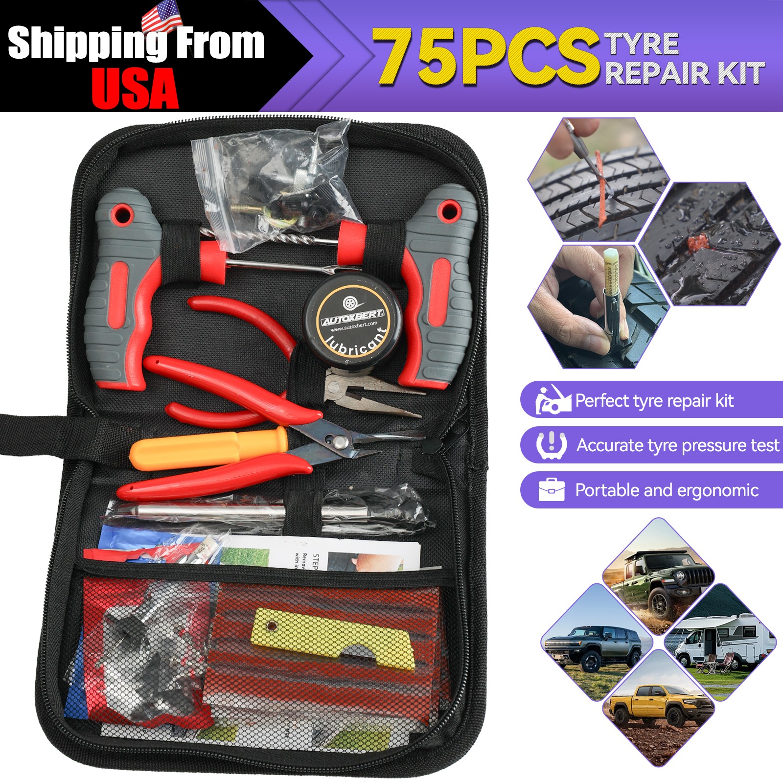 75PCS Tire-Puncture Repair Kit Heavy Duty Offroad Plugs For Tubeless Tire US