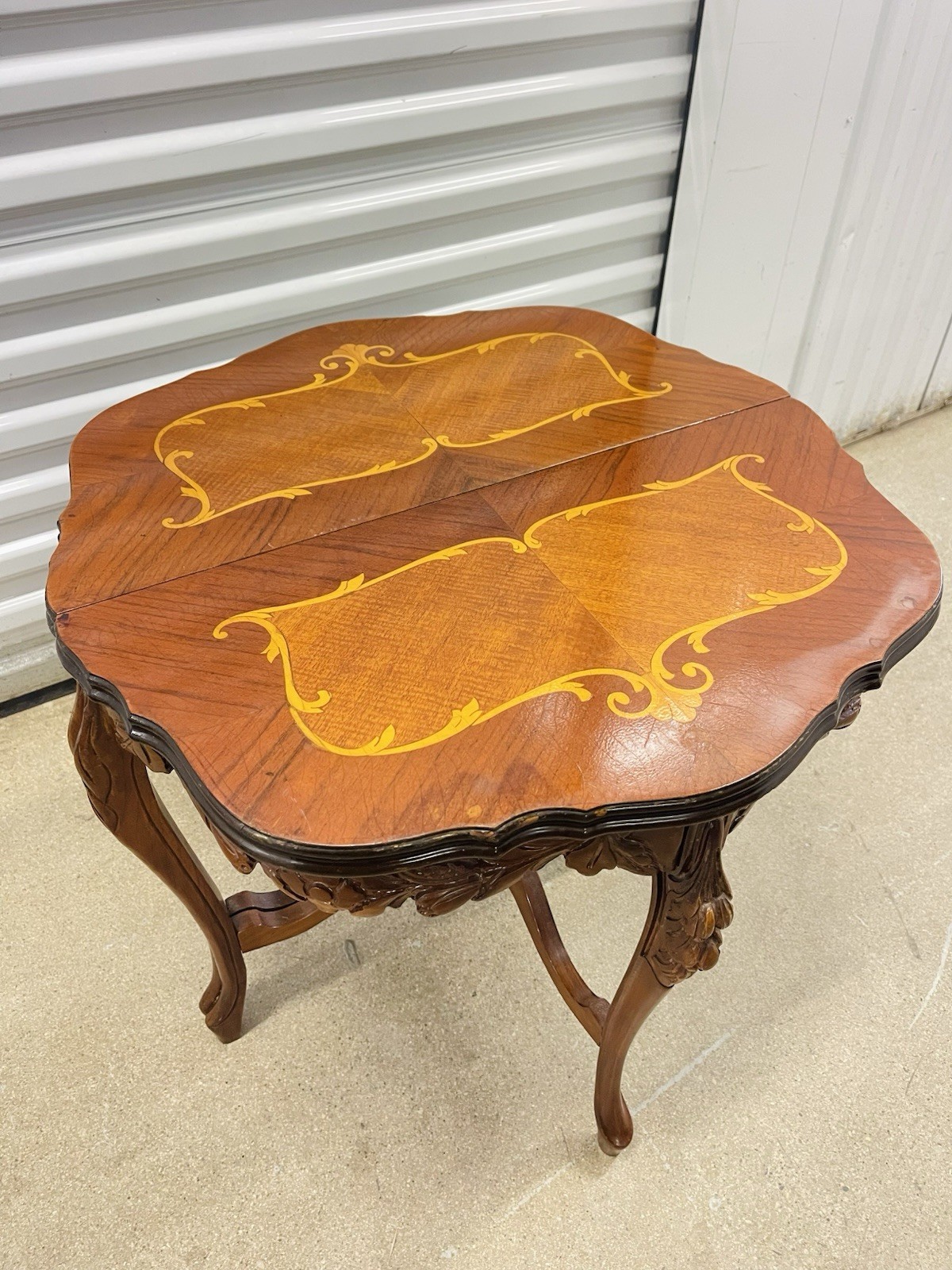Vintage French Neoclassical Inlaid Marquetry Wood Side Table Ornate Legs Glass