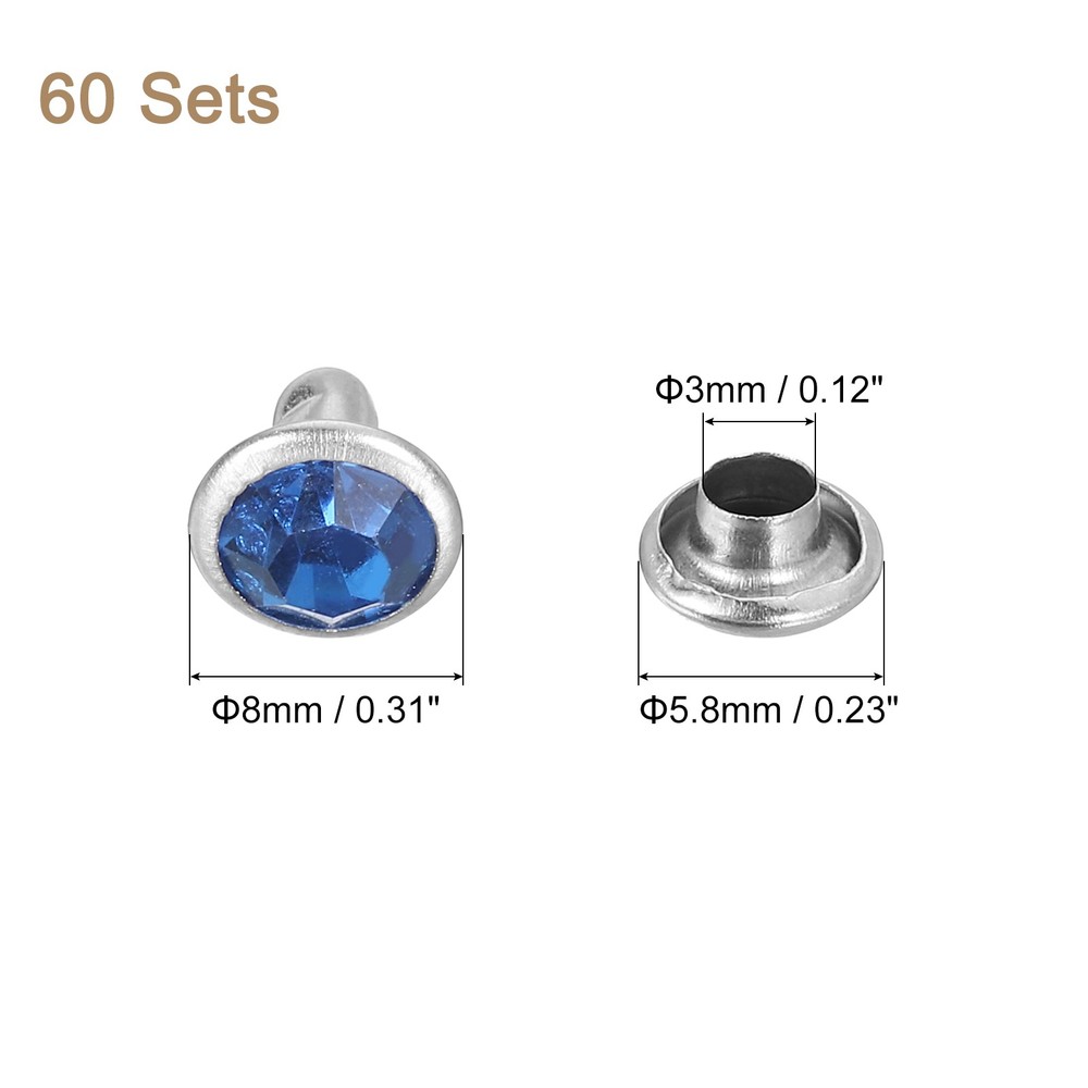 60 Sets Rhinestone Rivets, 8mm Crystal Rivets Leather Rivets, Light Blue