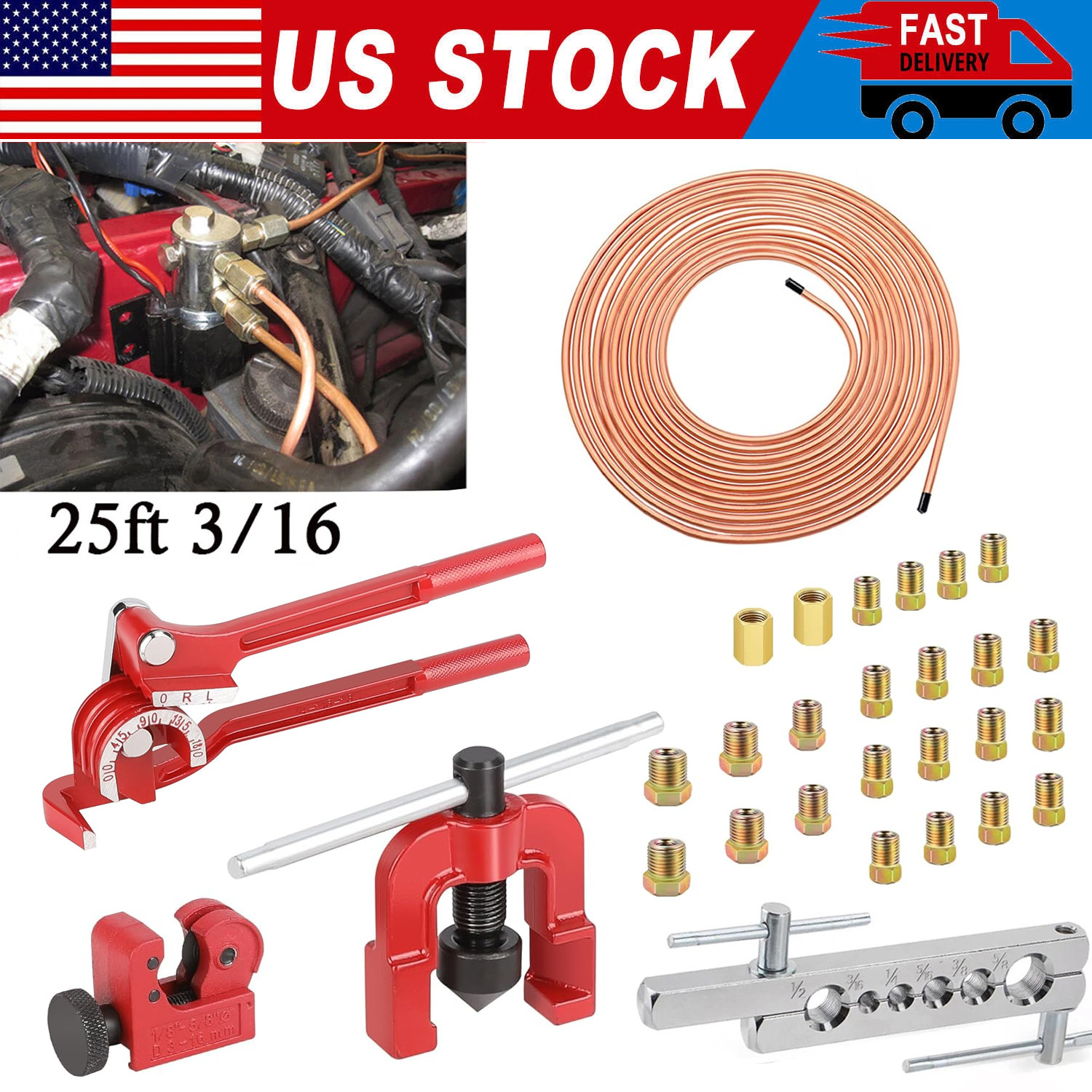 26Pack 3/16" Brake line kit Include 25 FT Copper-Plated Brake Lines with Fitting