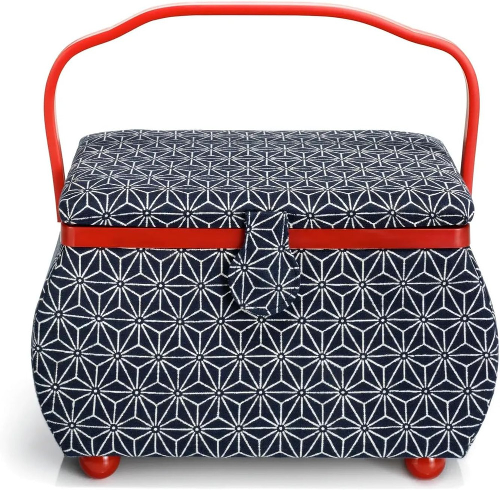 Large Curved Sewing Basket, Navy & Red Geometric