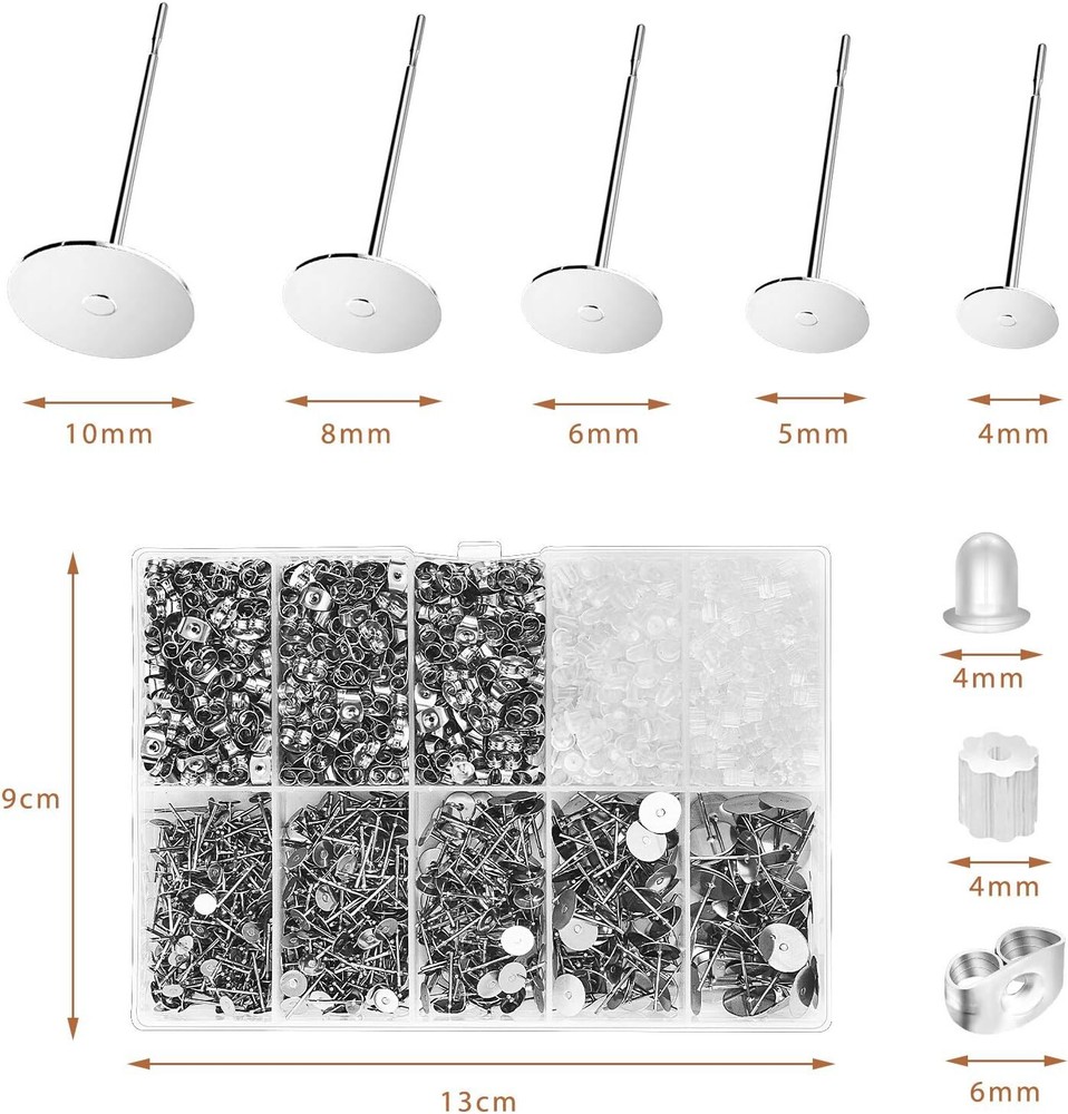 2000 Pcs Hypoallergenic Earring Posts and Backs: Studs, Butterfly, Rubber Backs,