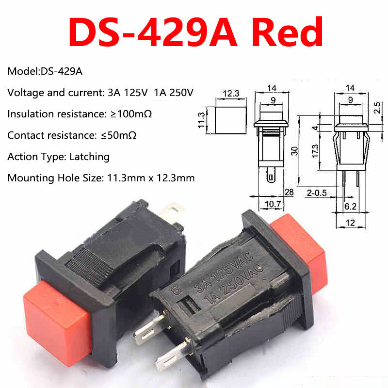 Square Push Button Switch Momentary Latching Push On Off Switch 3A/125V 1A/250V