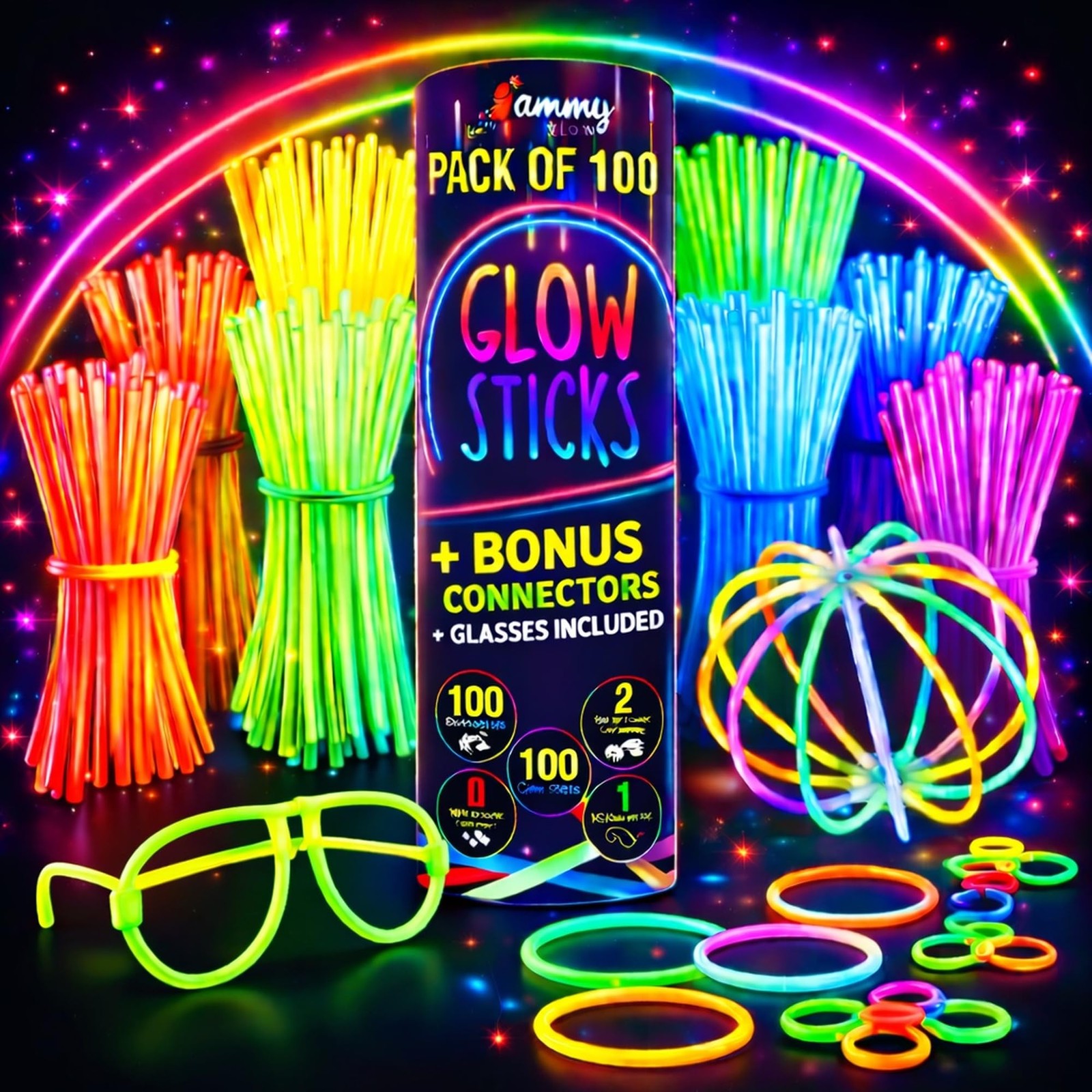 Ammy Glow-Glow Sticks-100 Pack Bulk Party favors for Kids-Neon 100 Pack, Blue