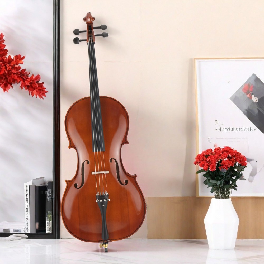 Natural Full Size 4/4 Acoustic Cello Set w/ Spruce Panel & Tiger Pattern Process