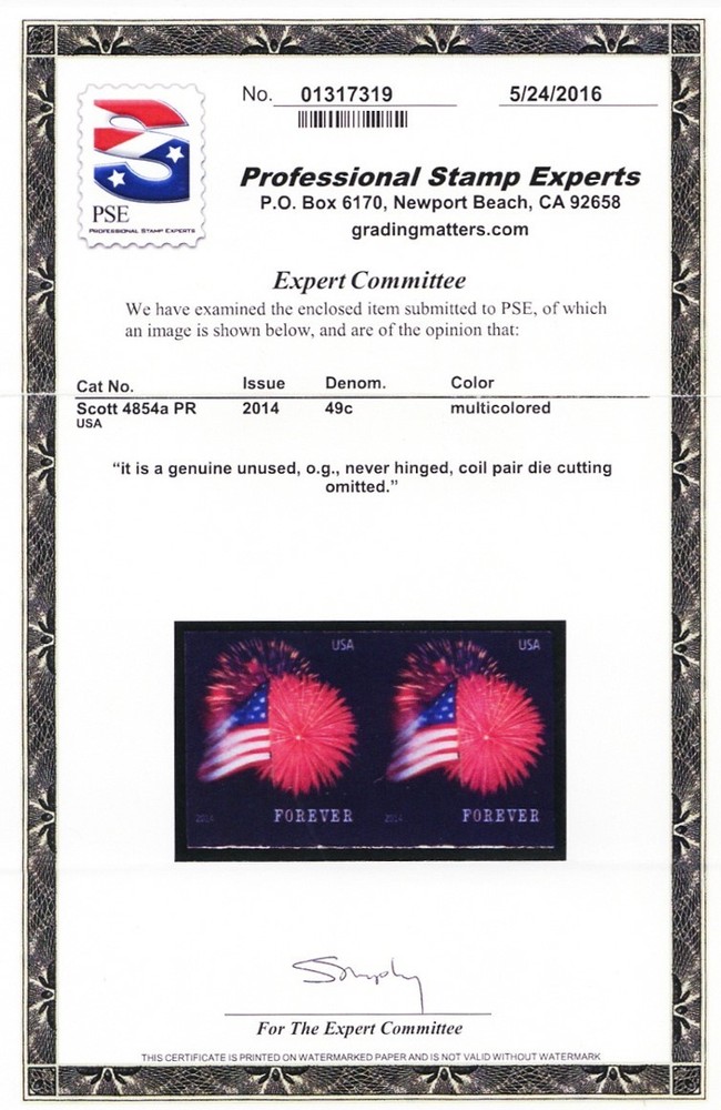 4854a, MNH VF Fireworks Imperforate Pair Error PSE Certificate - Stuart Katz