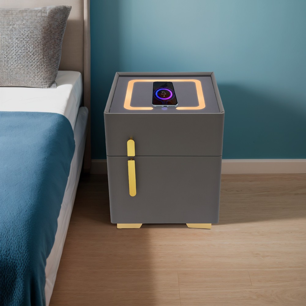 Phone Charging Bedside Cabinet, Dark Grey Bedside Table w/ Safe+Combination Lock
