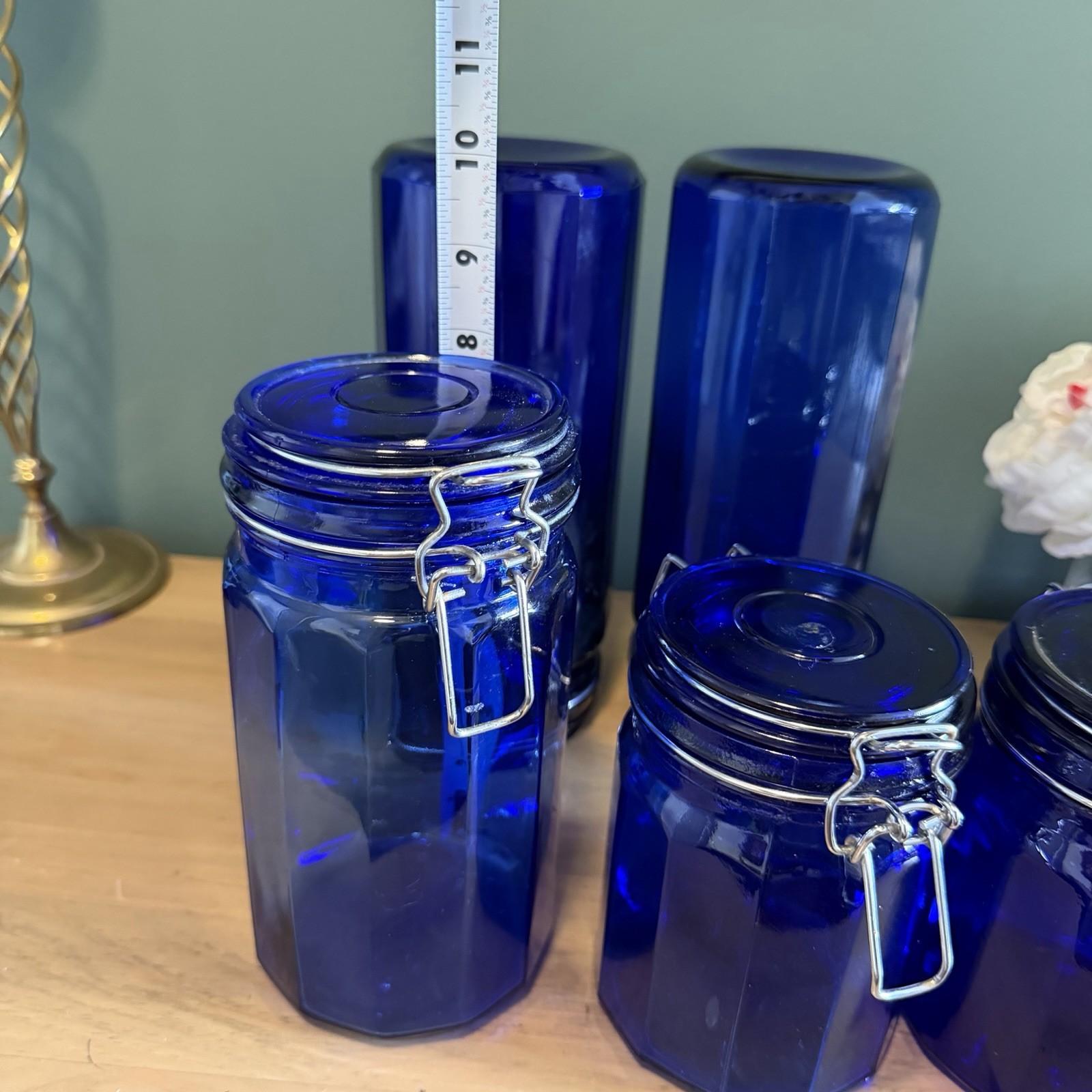 Vintage Cobalt Blue Glass Canister Set 5 Wire Bale Jars Italian Glass