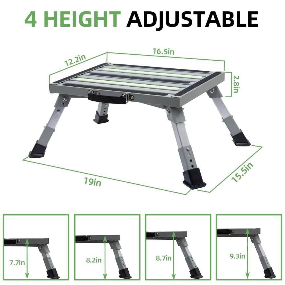 Homeon Wheels Adjustable Folding RV Step Stool NonSlip, 1000lb, Gray