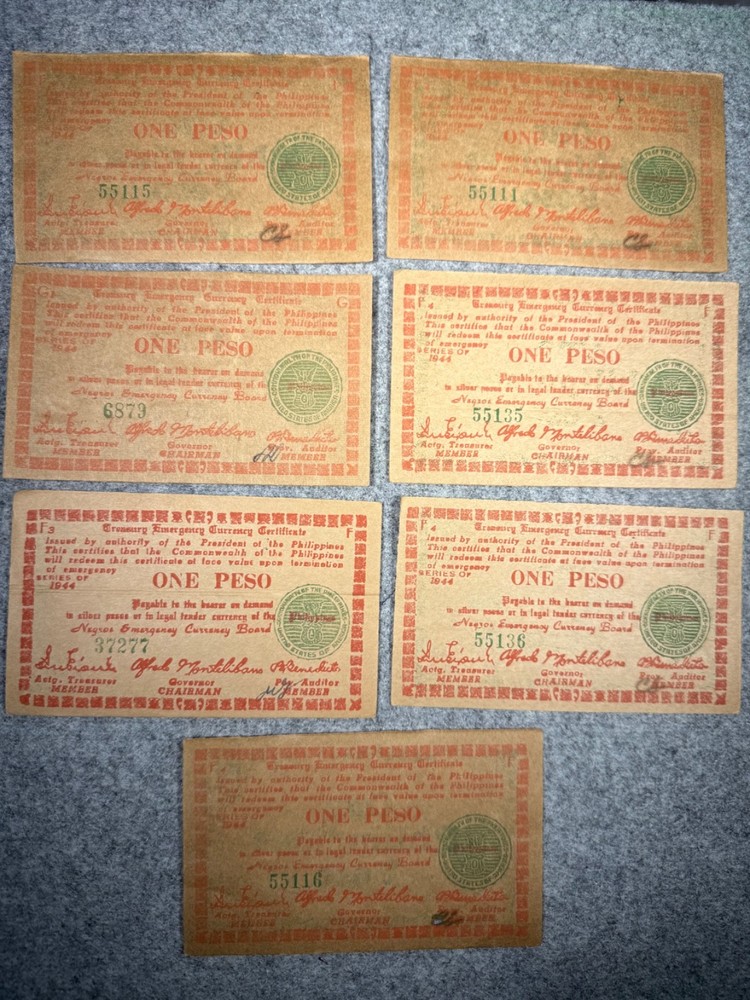 1944 Philippines 1 Peso Negros Emergency Currency PS673 ( 7 Notes ) SPC1299