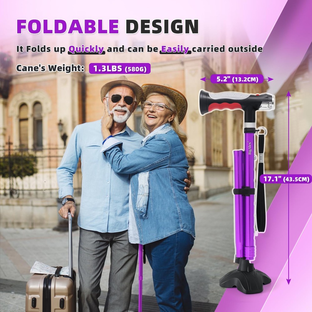 Folding Walking Cane with Two Led Lights for Elderly Solid Base Adjustable Walki