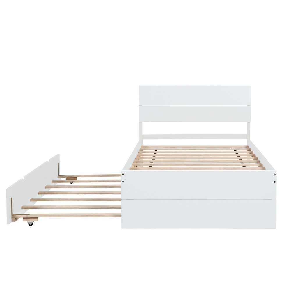 Twin Size Bed Frame Wood Platform Bed Frame w/ Headboard & Pull Out Trundle