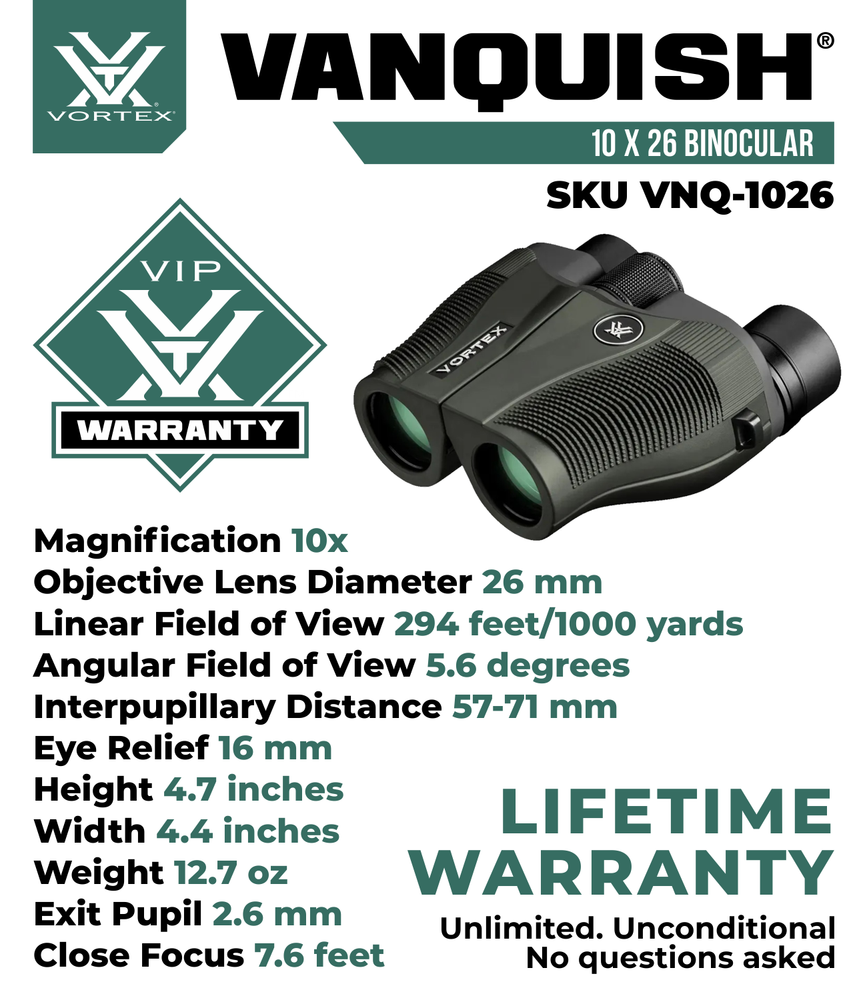 Vortex Optics Vanquish 10x26 Reverse Porro Prism Binocular with CD Hat Bundle