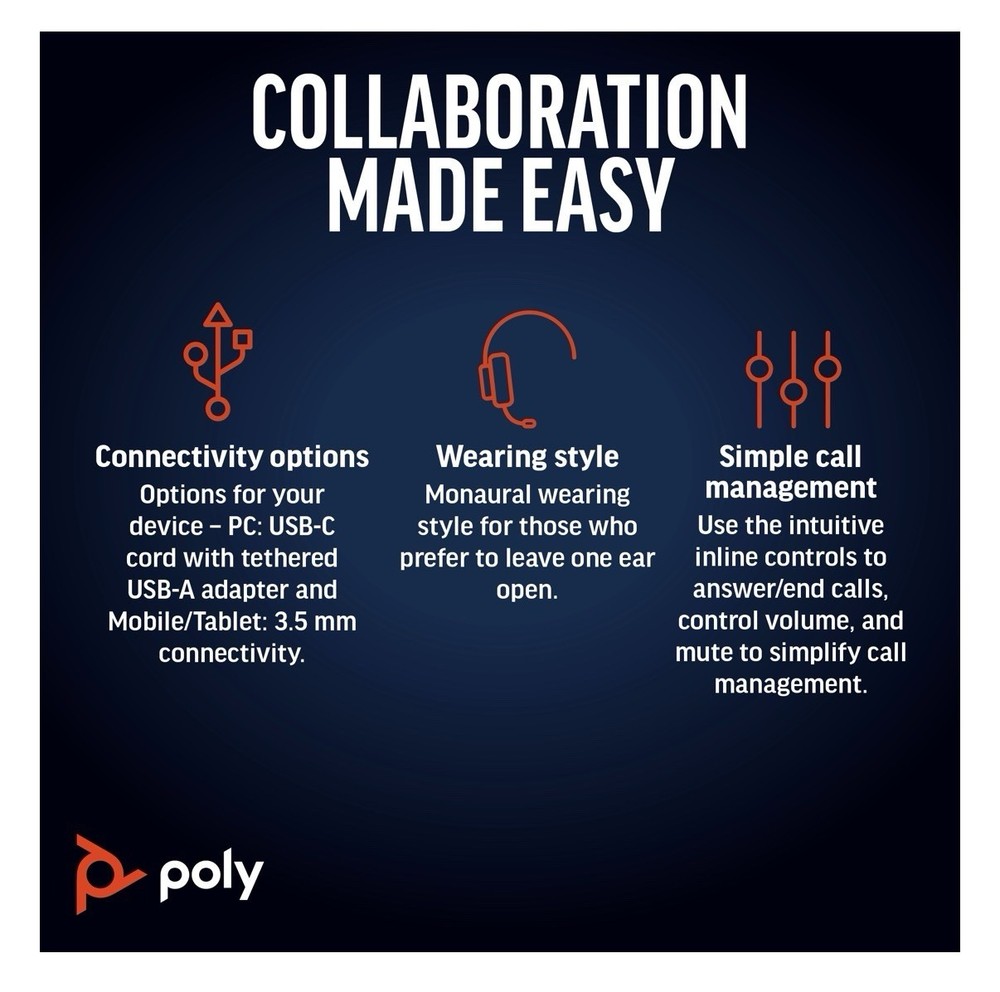 Poly Blackwire 5220 Stereo USB-C Headset +3.5mm Plug +USB-C/A Adapter