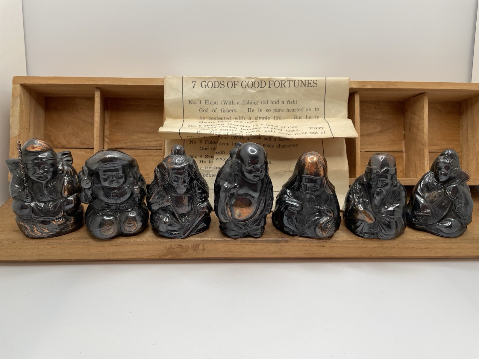 7 SEVEN IMMORTAL GODS Good Fortune Metal Numbered Figures Occupied JAPAN Box Vtg