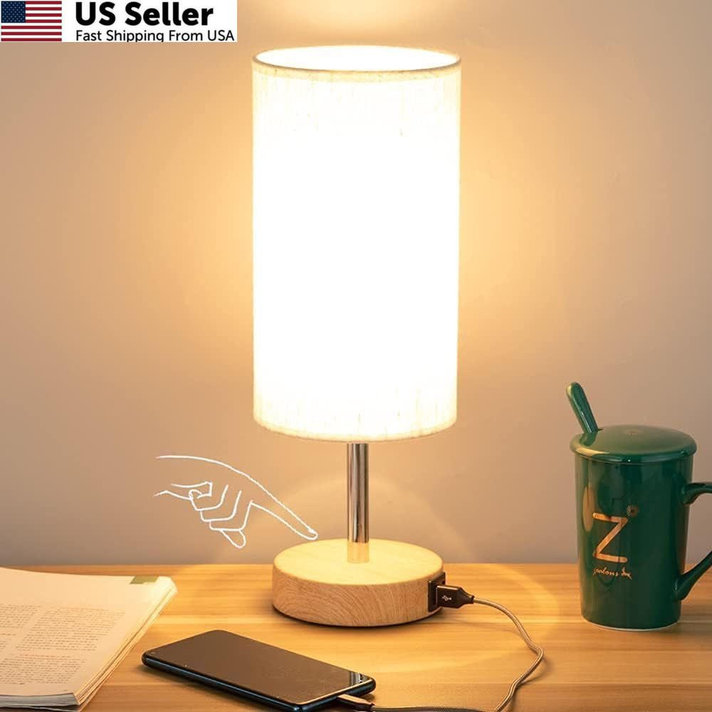 Yarra-Decor Bedside Table Lamp with USB Port - Touch Control Small, Fabric