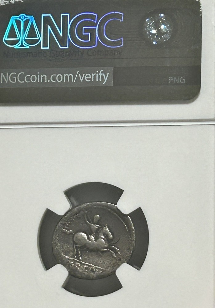 Pub Crepusius AR Denarius 82 BC Apollo Scepter Horseman Spear NGC VG