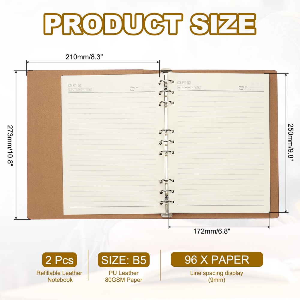 B5 Refillable Leather Notebook, 2Pcs 9 Ring Hardcover Binder Notebook, Red