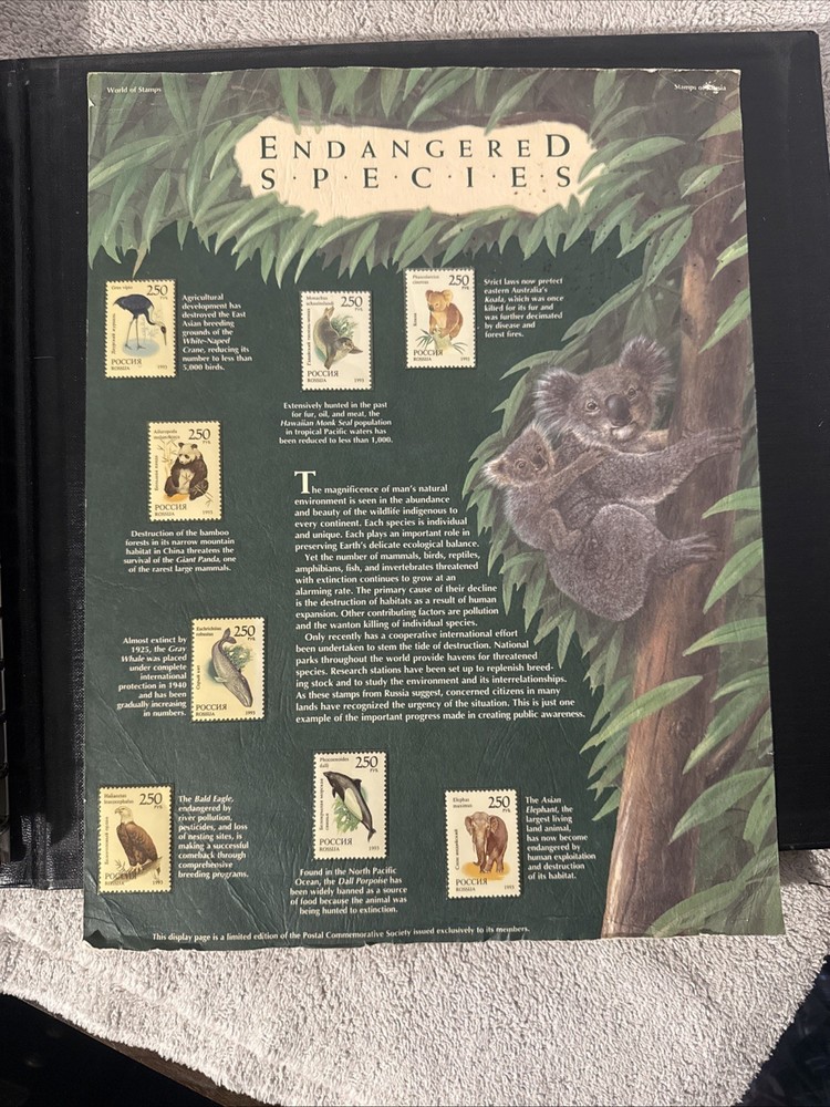 World Wildlife Fund Stamp Collection With Binder 34 Cards & Endangered Species