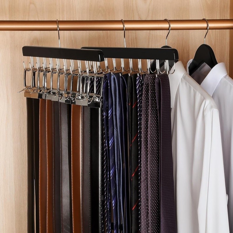 Belt & Tie Organizer Wood Multi Functional Hanger Storage Rack Foldable Hooks US