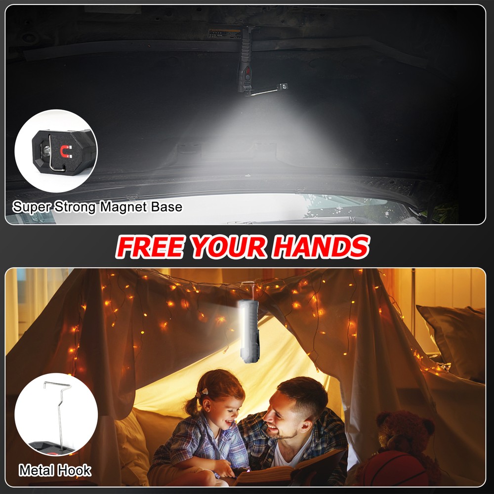 2PCS Magnetic Rechargeable COB LED RED Work Light Lamp Flashlight Folding Torch
