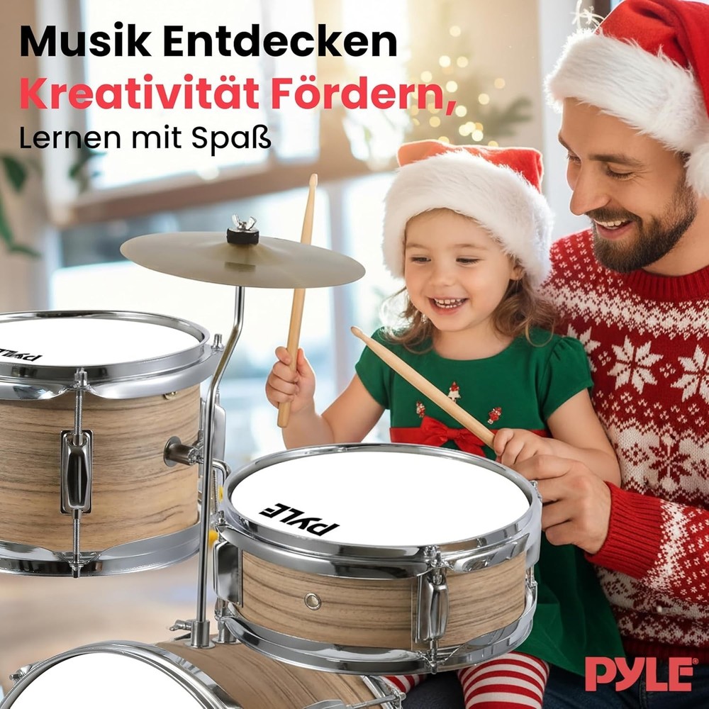 Pyle 3 Pcs Drum Set Beginner Junior Drummer Kit-Adjustable Throne -Natural