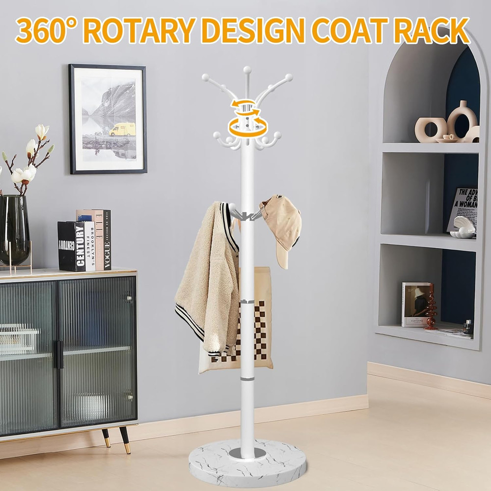 Modern Metal Coat Rack with Marble Base, 14 Hooks, 360° Rotating Design