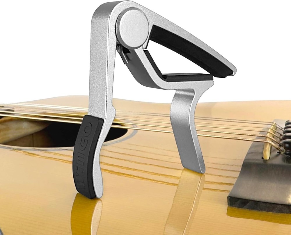 Quick-Change Silver Guitar Capo for 6-String Instruments, Includes 5 Free Picks