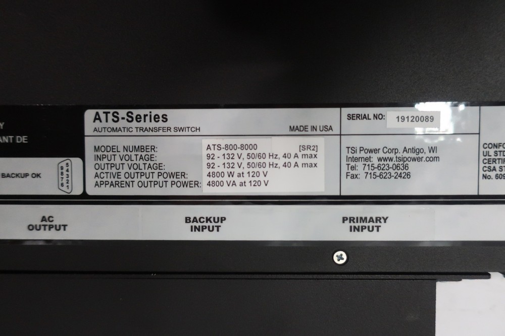Tsi ATS-800-8000 Automatic Transfer Switch 40a Amp 92-132v-ac