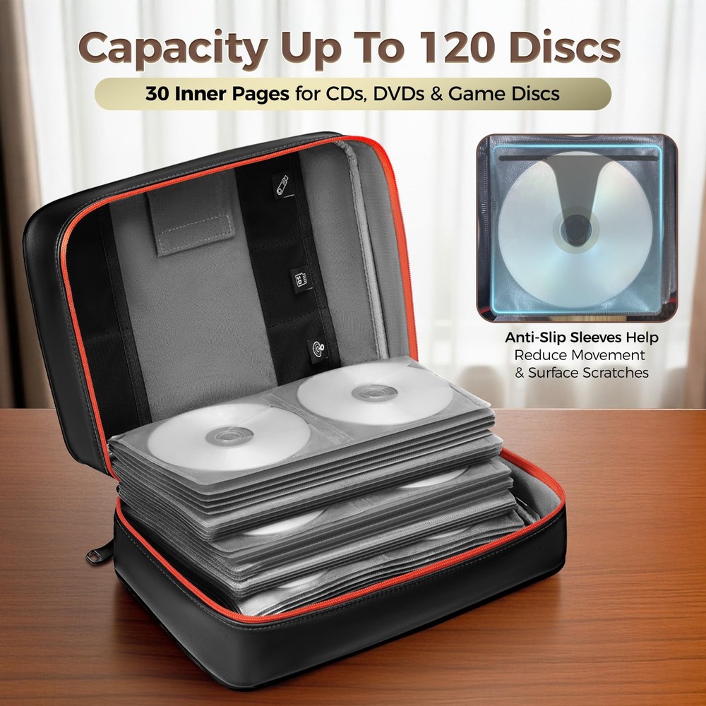 DEEGO DVD CD Storage Case with Lock, 120 Capacity Binder, Black and Red