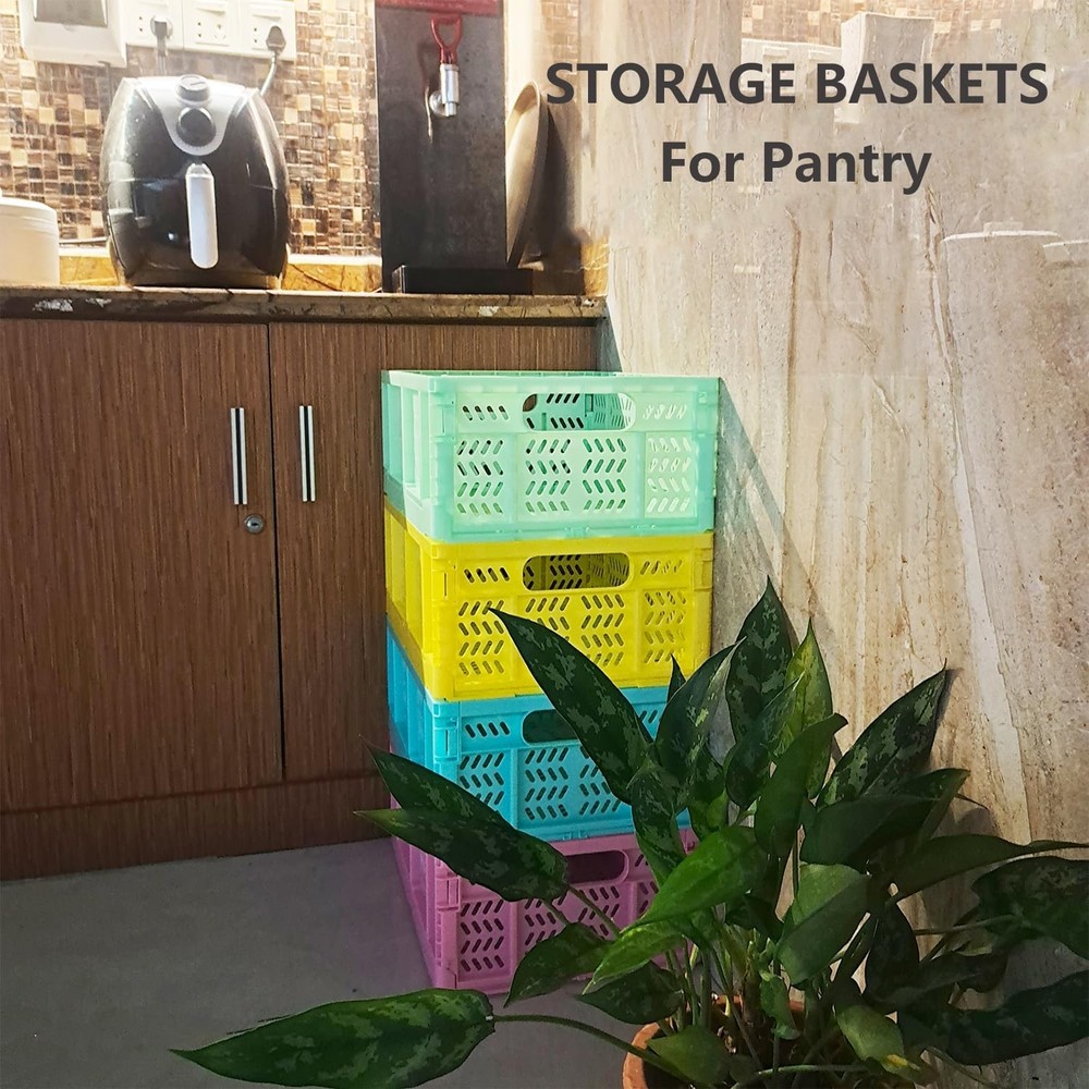 20L Folding Crate 4 Pack Plastic Storage Baskets Organizer for Home and Office
