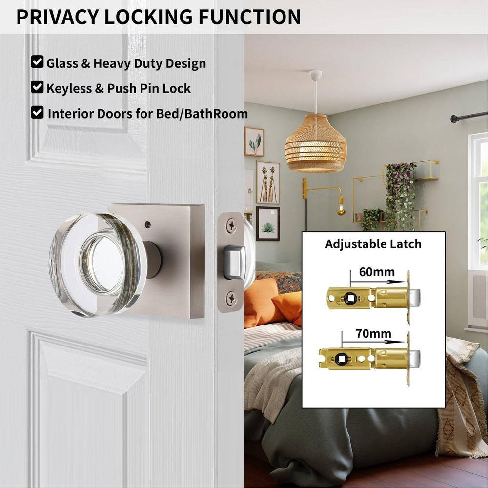 Crystal Door Knobs - Brushed and Satin Nickel Interior Privacy Knobs with Loc...