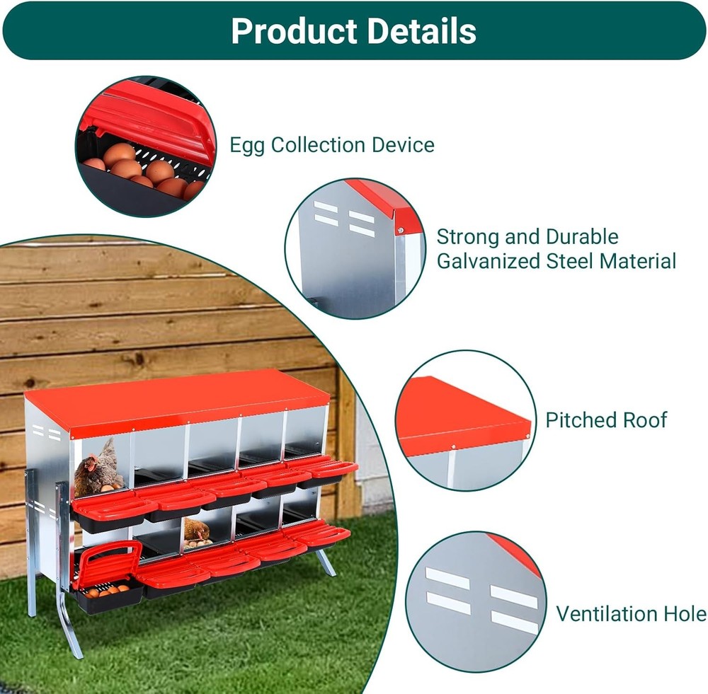 10 Compartment Chicken Nesting Boxes Coop Metal Chicken Egg Laying Box US