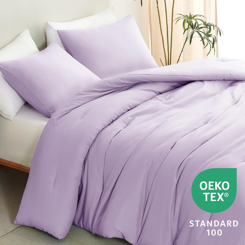 Lavender King Size Comforter Set, 3 Pieces Light Purple Solid Breathable Quilted