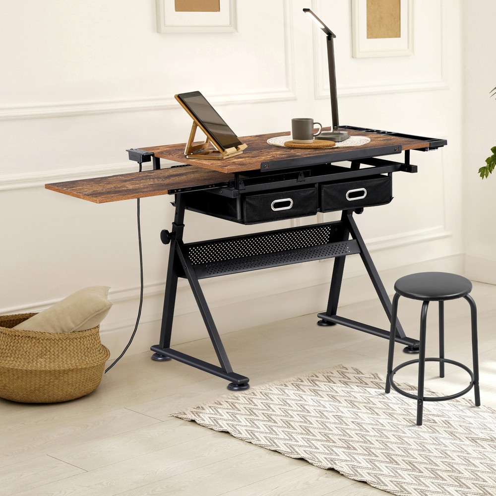 Adjustable Drafting Drawing Tiltable Table & Stool Set with 2 Drawers & Outlet