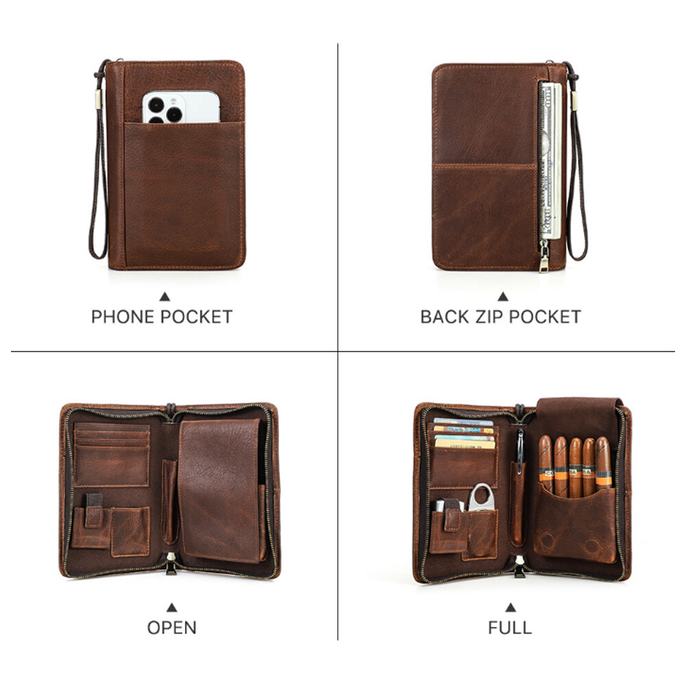Genuine Leather Passport Cigar Case Travel Humidor Set Cutter Pocket box Brown
