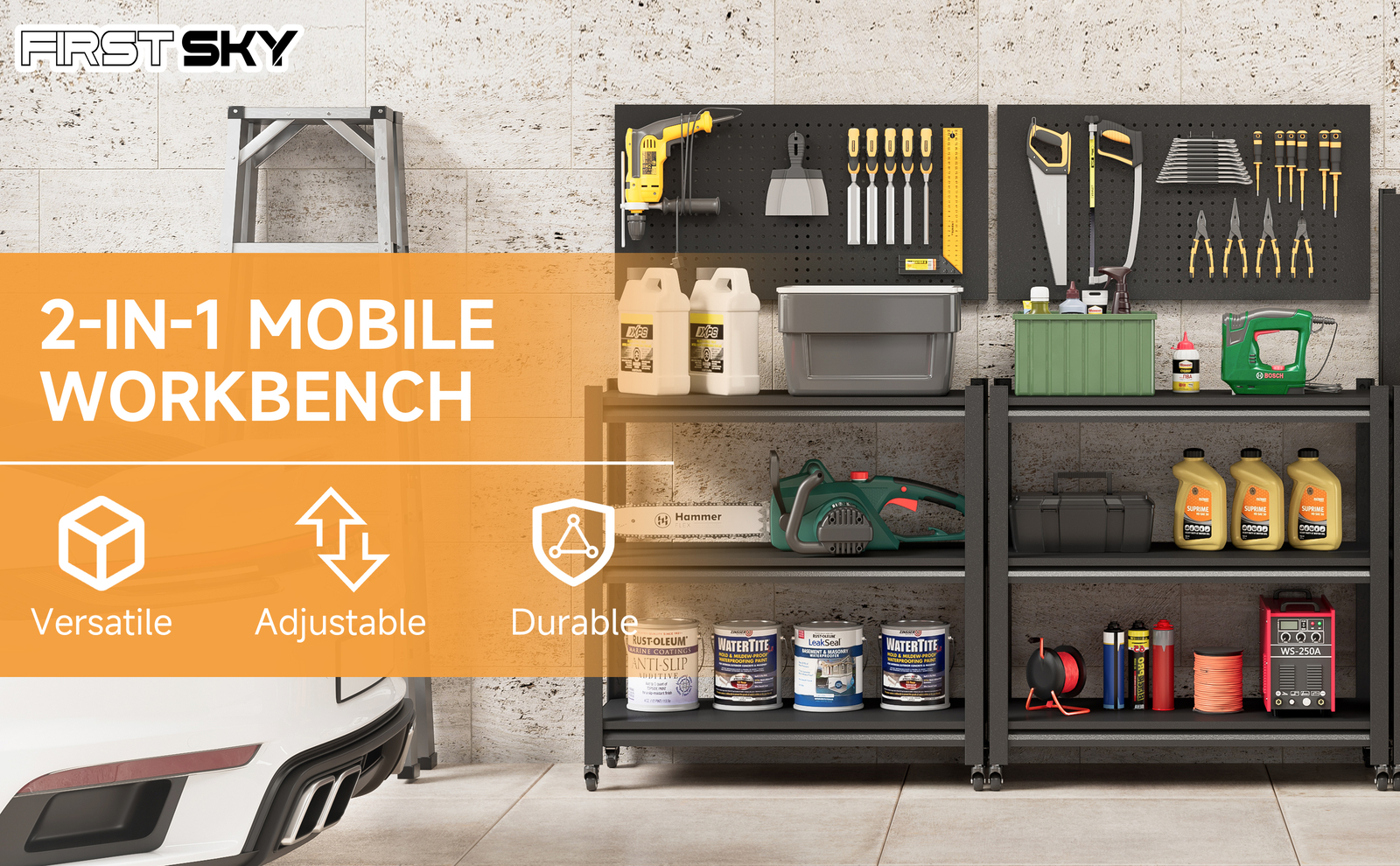 Garage Workbench Tool Storage Shelves w/Pegboard Metal Work Bench With 4 Wheels