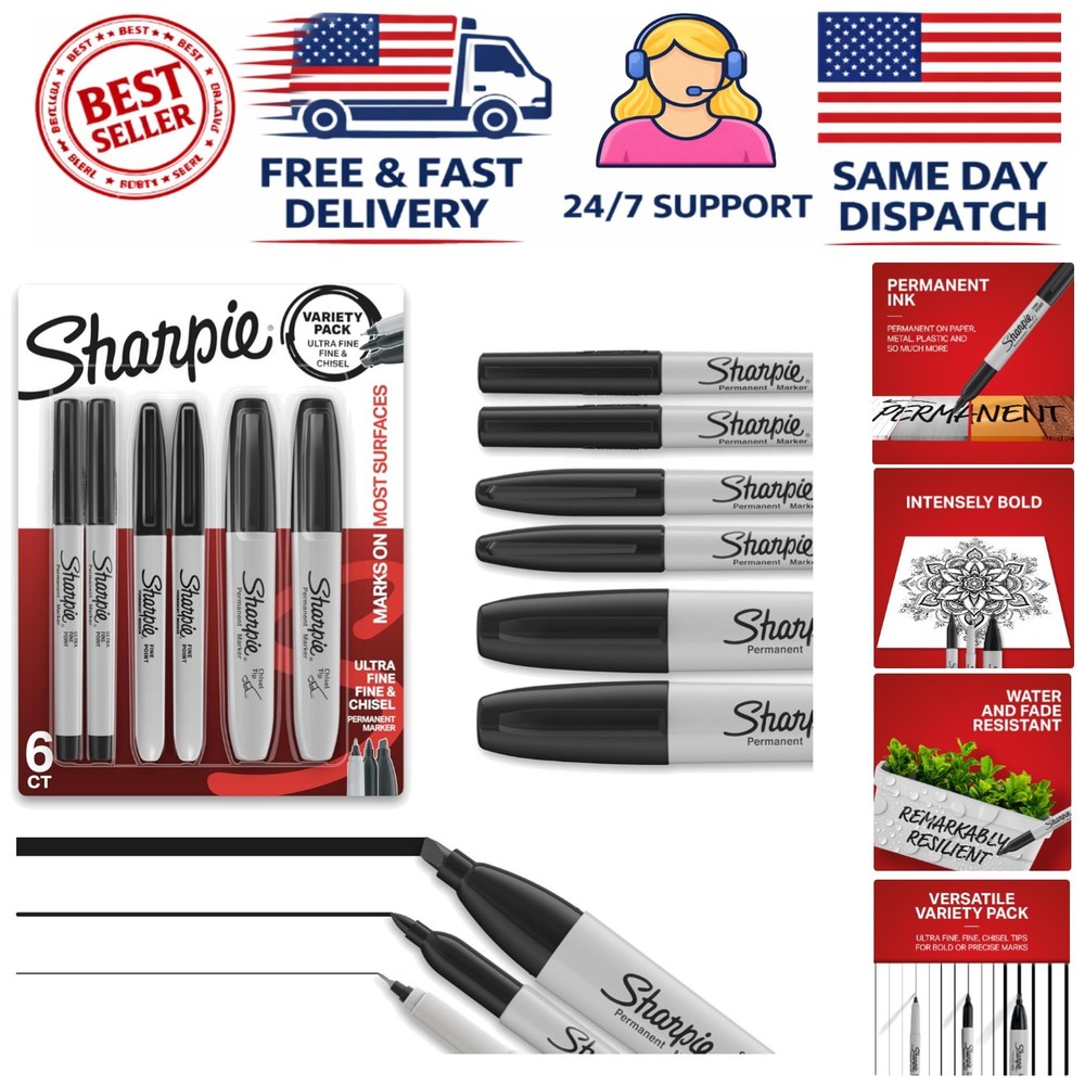 Sharpie Permanent Markers Variety Pack, 6 Count with Chisel, Fine & Ultra-Fine Tips