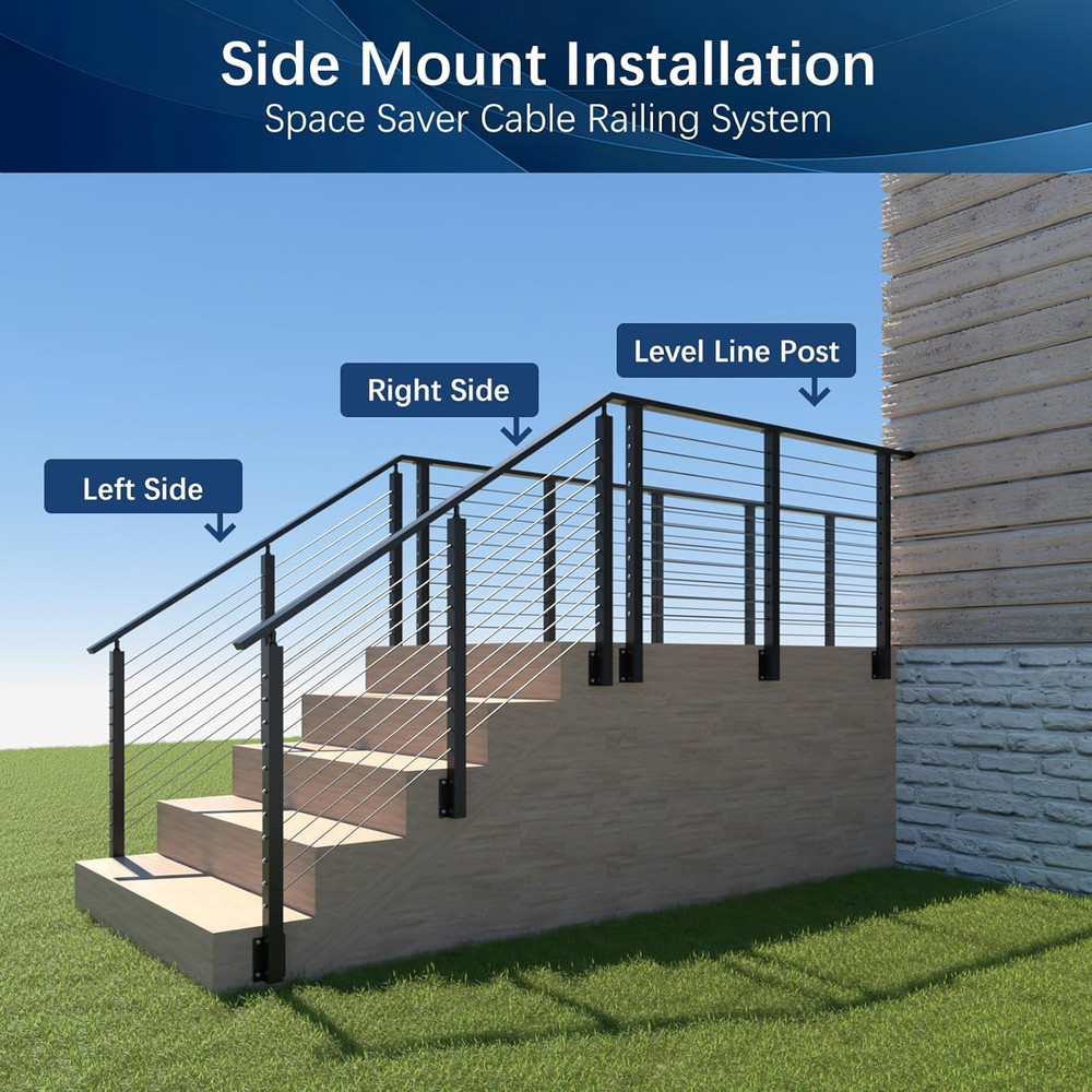 36" Side Mount Cable Railing Post - Stainless Steel Deck Kit, Black