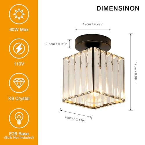 Square Crystal Semi Flush Mount Ceiling Light, 5.1 Inch 2 Pack Square-Black