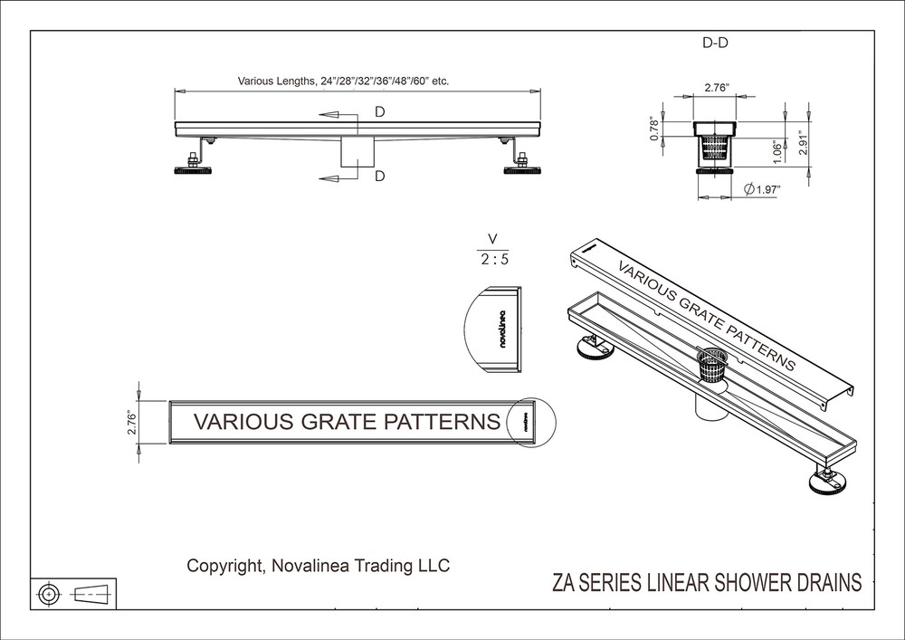 Novalinea - 54 Inch Linear Shower Drain with Brick Pattern Grate