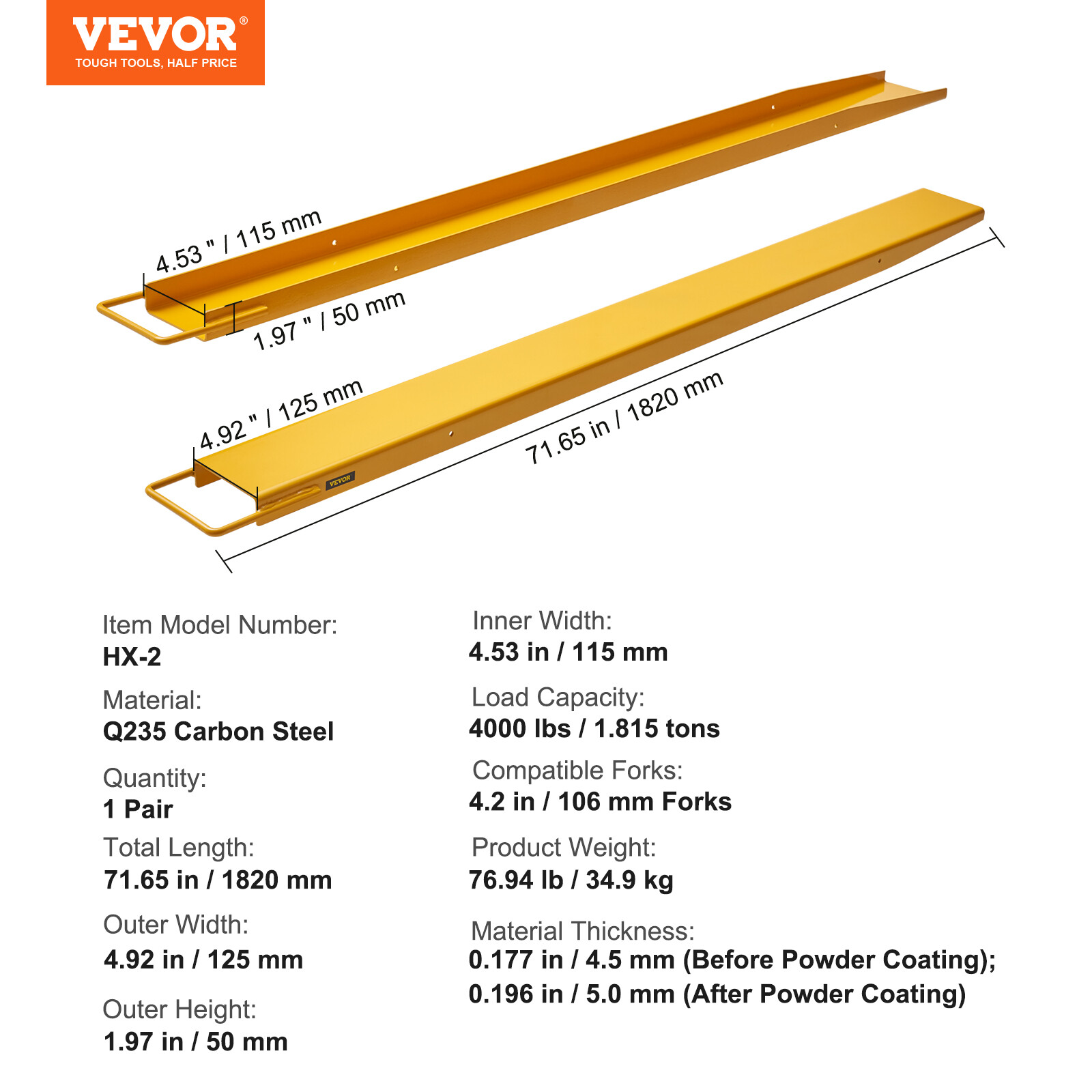 VEVOR Pallet Fork Extensions Forklift Extensions 72" x 4.5" Heavy Duty Steel