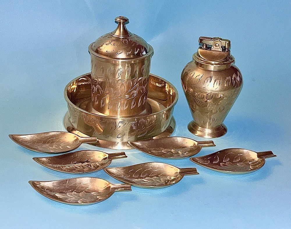 Brass Tobacciana Etched Feather Design Table Set