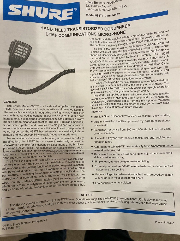 Shure 885tt Handheld NOS Microphone