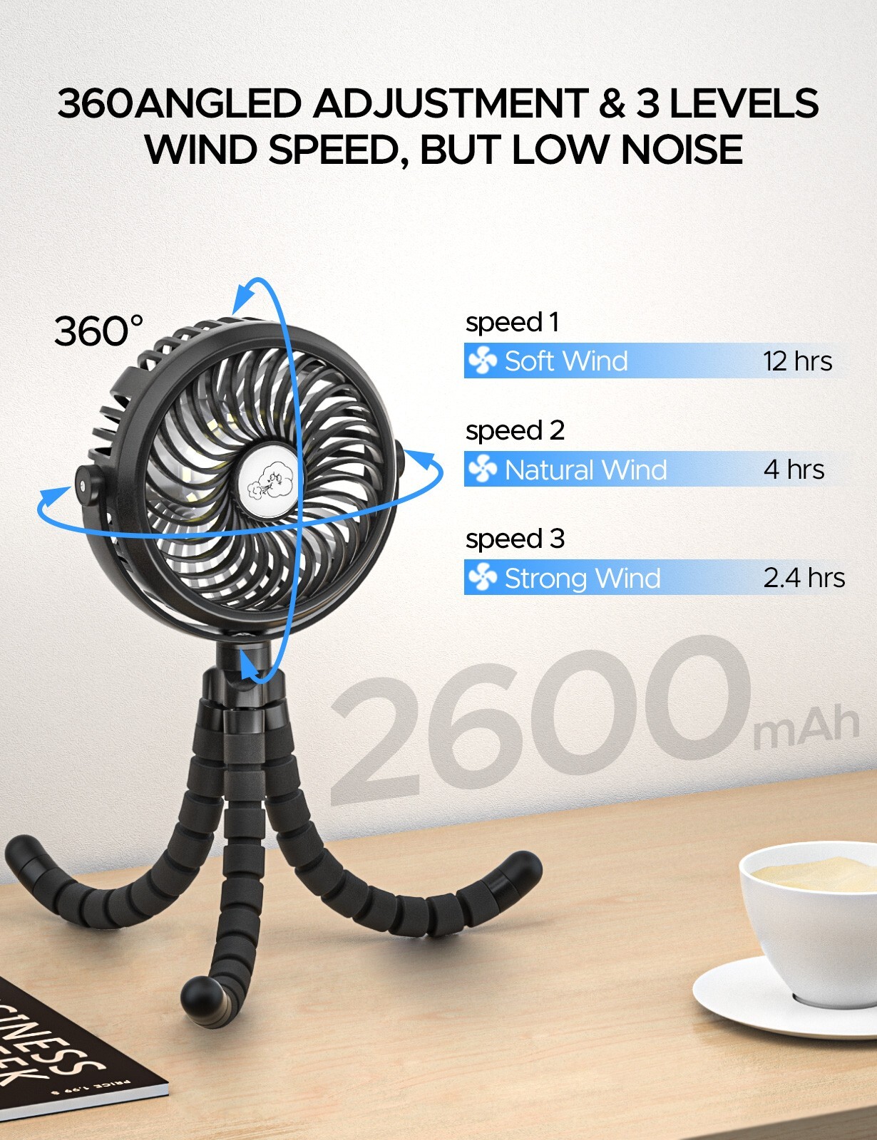 Portable Stroller Fan, 3 Speeds and Mini Personal Fan Suitable for Many Scenes