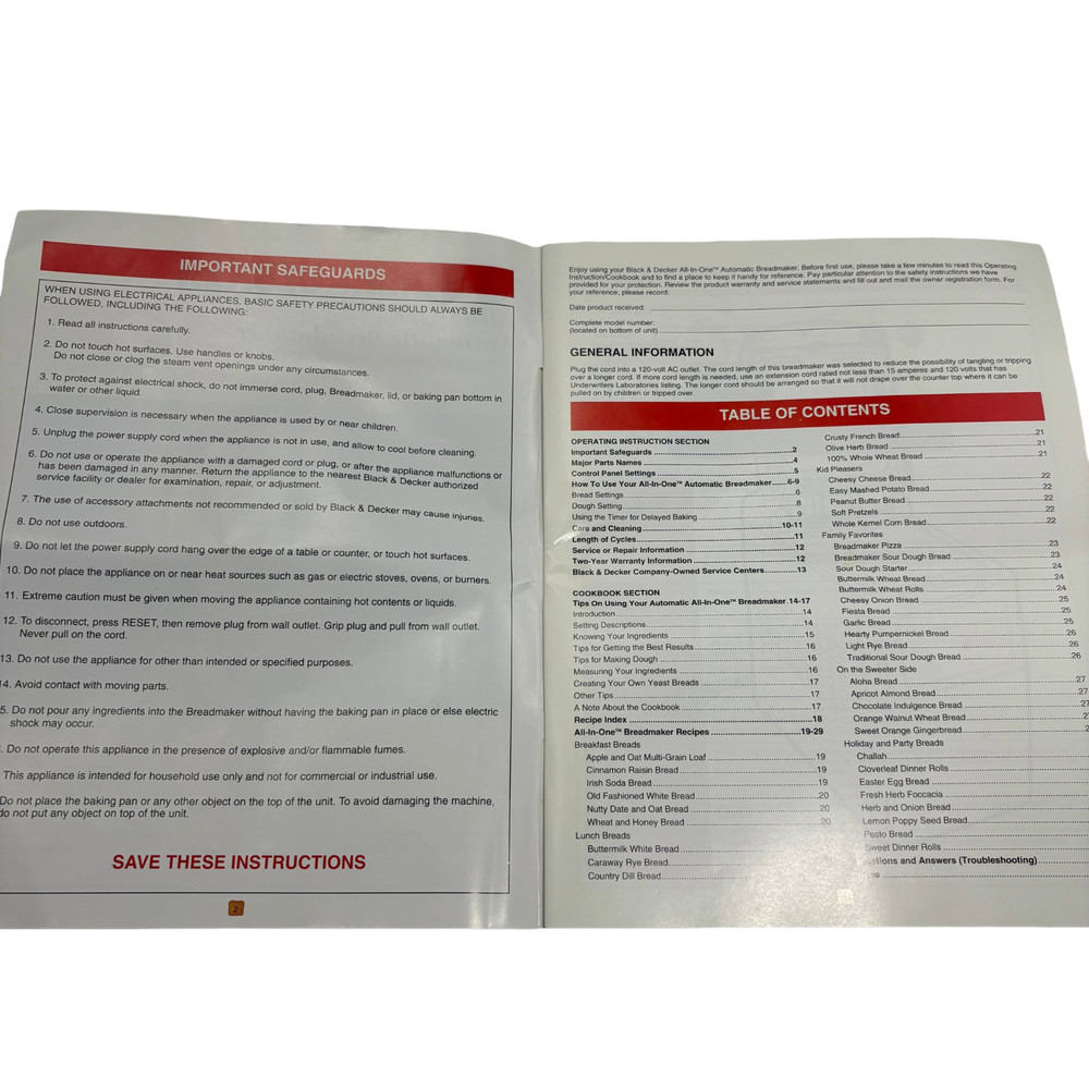 Black+Decker Bread Maker B1500 User Instruction Manual Guide Book w/ RECIPES OEM