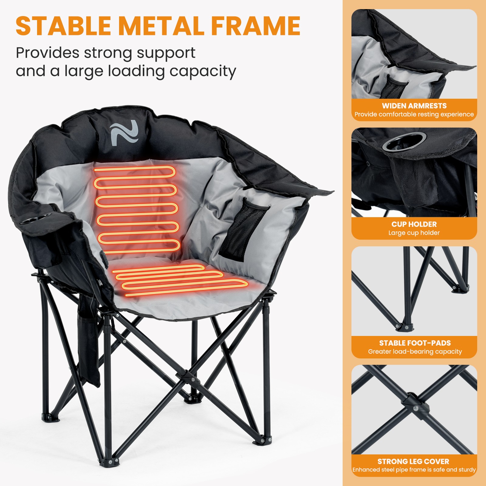 NAIZEA Heated Camping Chair Padded Patio Lounge Chairs 3 Heat Levels 20" W Seat