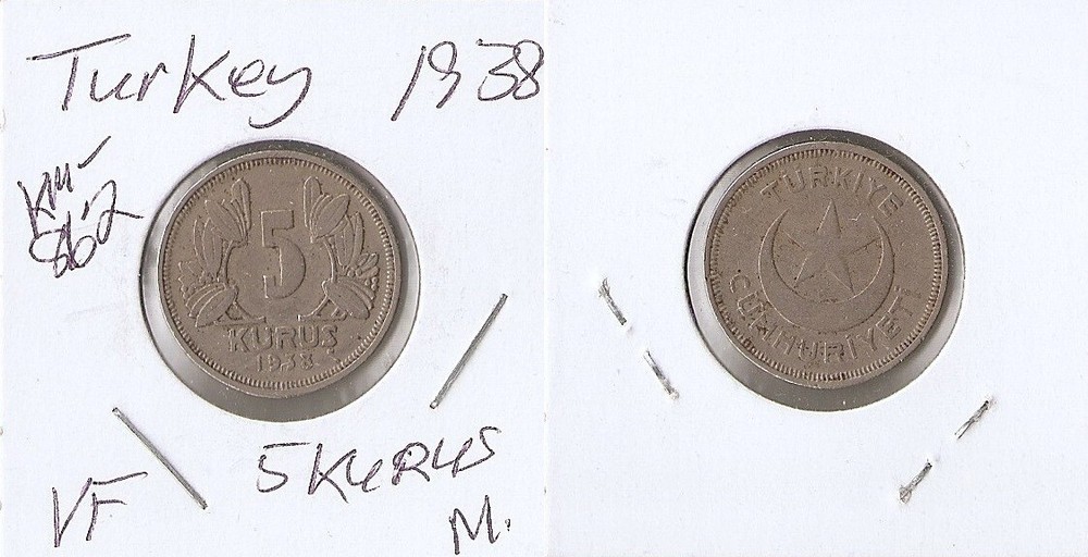 Turkey 5 KURUS 1938