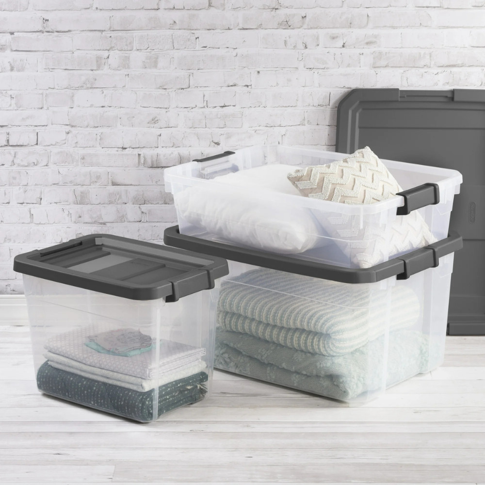 6pk Sterilite 30 Qt Stacker Box Clear Plastic Storage Bin w/ Latching Lid Gray