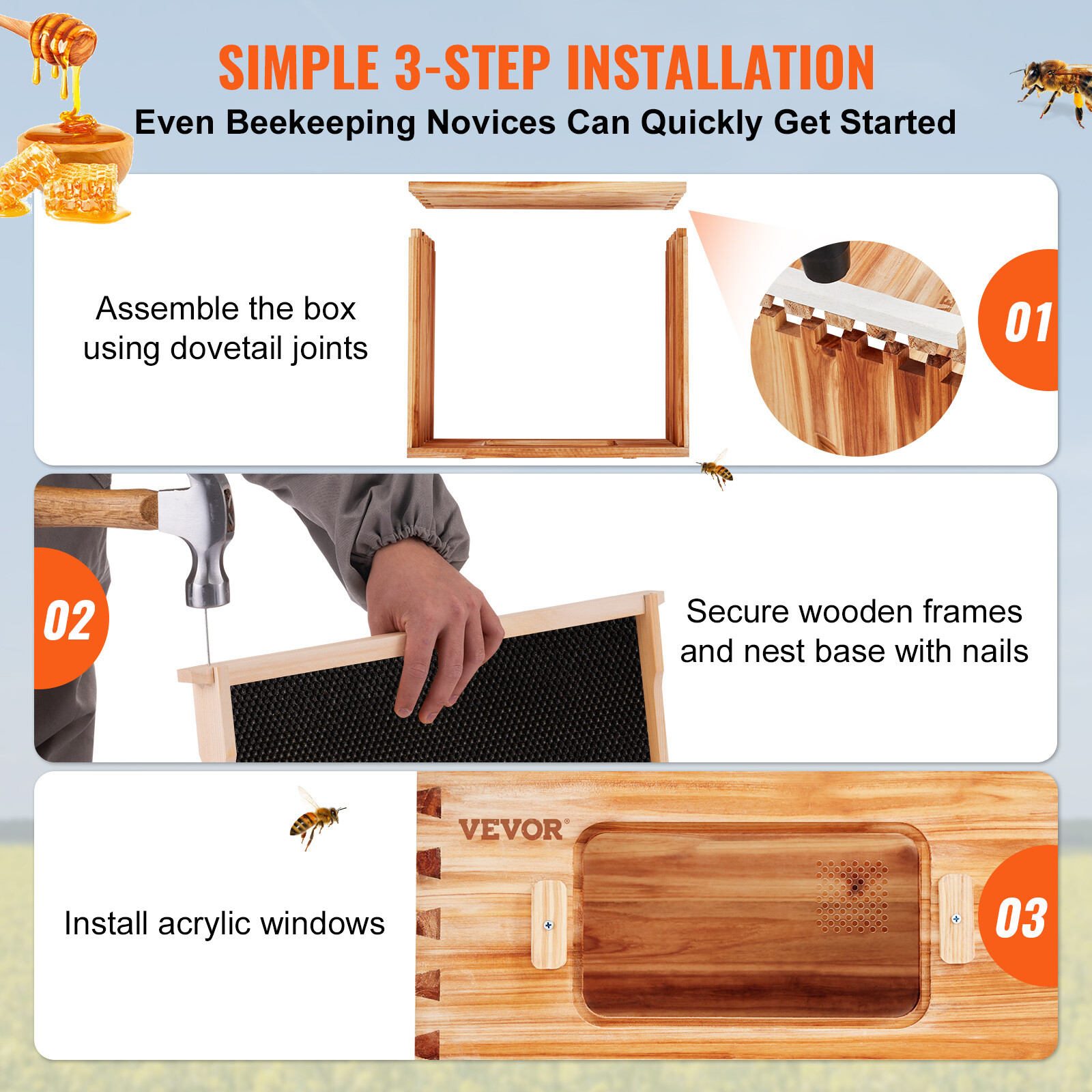 VEVOR Bee Hive Langstroth Deep Beehive Kit 10 Frames Acrylic Bee Windows
